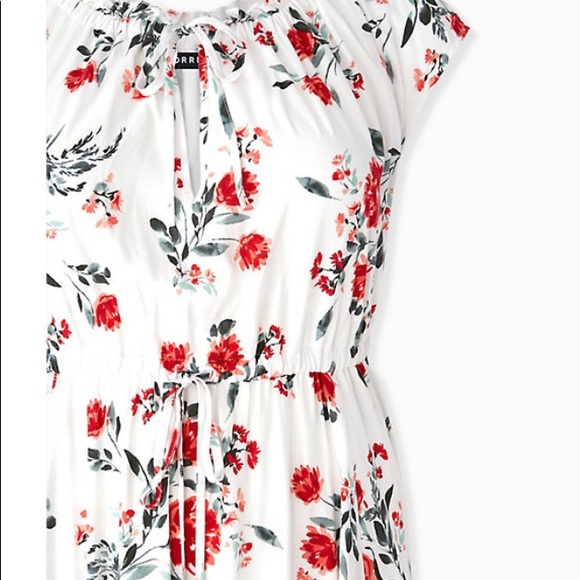 WHITE & RED FLORAL CHALLIS DRAWSTRING MIDI DRESS - Picture 3 of 6